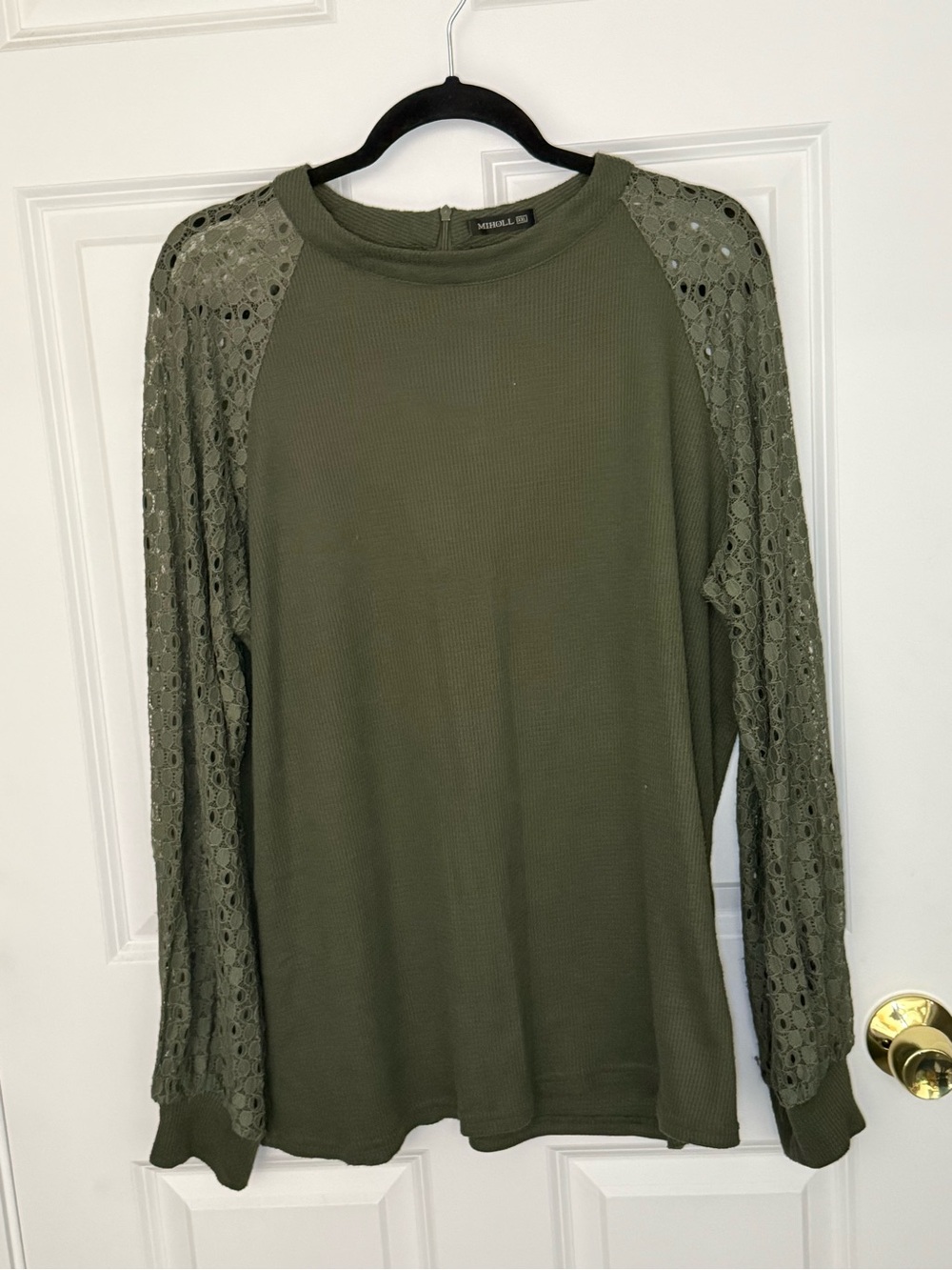 Miholl Olive Green Lace-Sleeve Top XXL